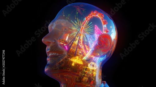 Transparent human head revealing a colorful carnival inside, blending surreal imagination, joy, and emotional wonder.