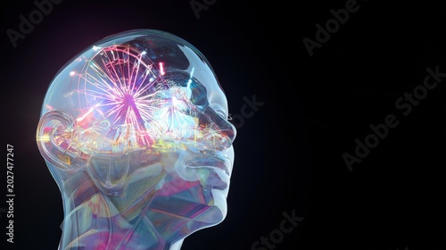 Transparent human head revealing a colorful carnival inside, blending surreal imagination, joy, and emotional wonder.