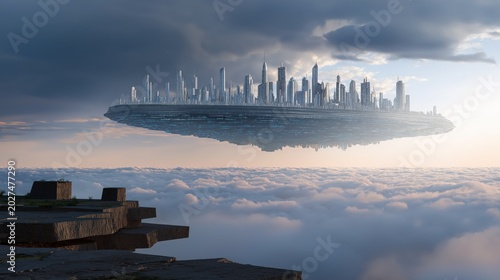 Futuristic floating metropolis above collapsing ancient ruins, symbolizing disconnected modernity and rootless technological progress.