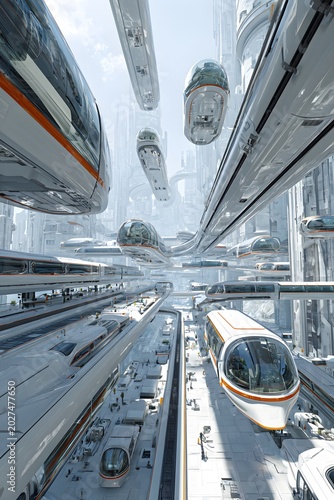 Complex multi-level futuristic transit hub with white automated pods moving through a bright white architectural environment with soaring towers