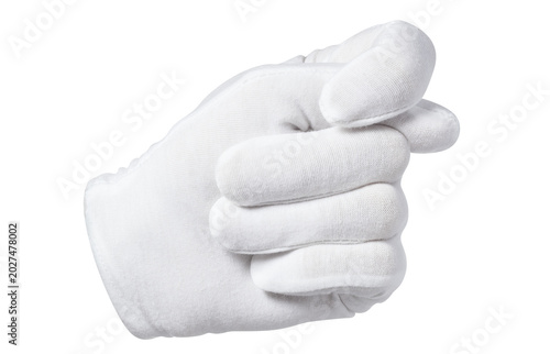 Foto White gloved hand making fig gesture, isolated on cutout transparent background