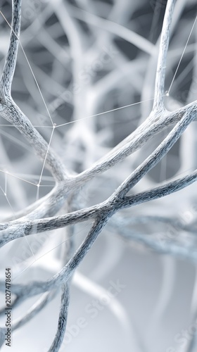 Microscopic view of a complex synthetic neural network with silver fibrous structures and interconnected nodes in bright light