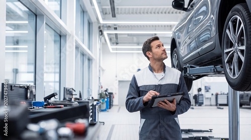 caucasian male mechanic in uniform using digital tablet while inspecting car on hydraulic lift in modern auto repair shop. vehicle maintenance concept. banner, website header with copyspace.