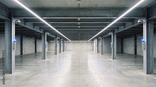 empty underground parking garage with bright led lights and concrete floor. steel pillars with security cameras and blue emergency boxes. urban infrastructure. banner, website header with copyspace.