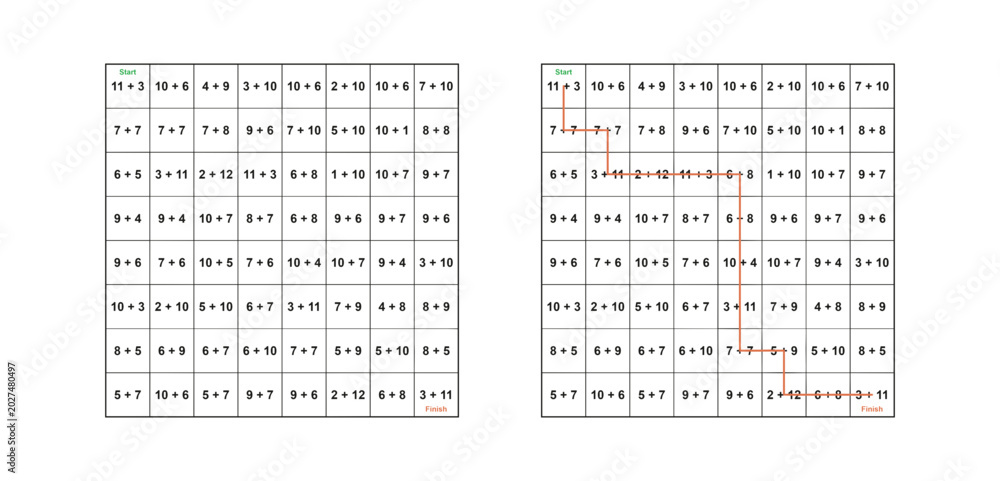 Fototapeta premium Addition Path Grid Puzzle with Answer Key