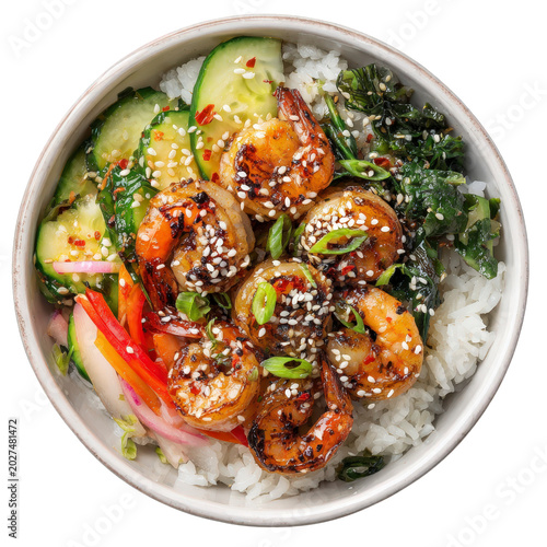 Shrimp and vegetable bowl with rice, sesame seeds and chili flakes
