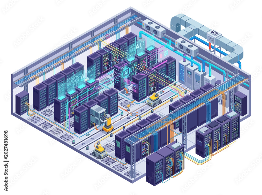Obraz premium Server Racks and AI Processing Systems in Modern Data Center Room