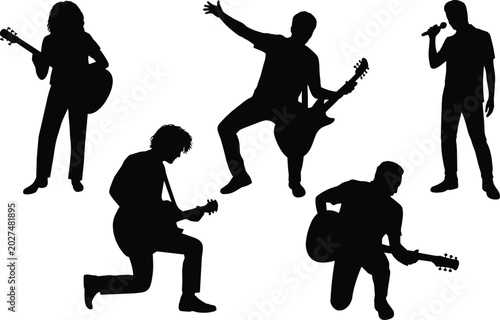 Musicians silhouettes black shapes set, band members playing musical instruments on stage