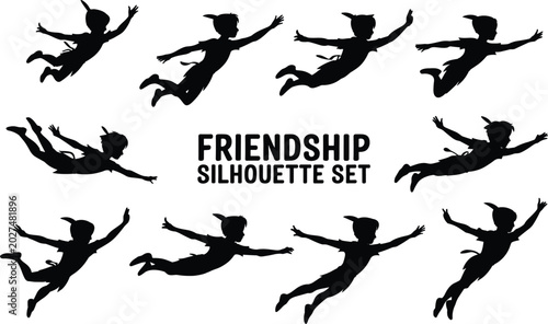 Peter pan flying silhouettes set collection featuring various heroic poses for design projects