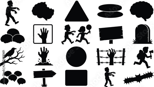 Zombie apocalypse elements set with undead figures brain icons and scary graveyard signs