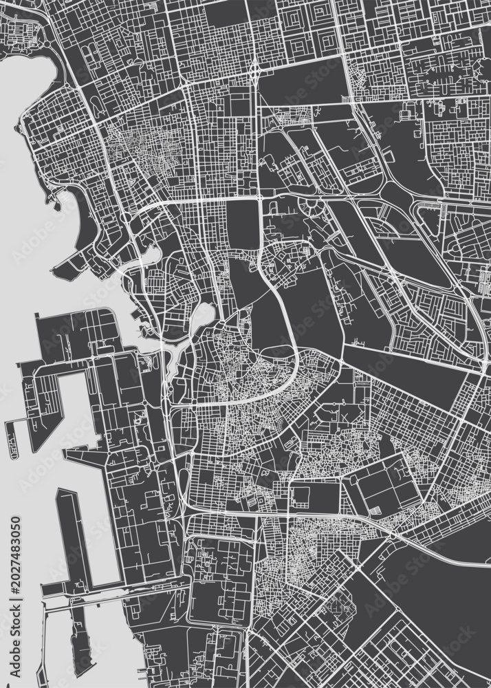 Fototapeta premium Detailed vector map Jeddah lies on the Red Sea coast in the Hijaz region of Saudi Arabia, Monochrome topographic urban street plan, Cartography travel poster