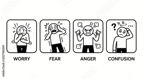 Photography Set of four icons depicting human emotions: worry, fear, anger, and confusion, in simple line art on an isolated white background