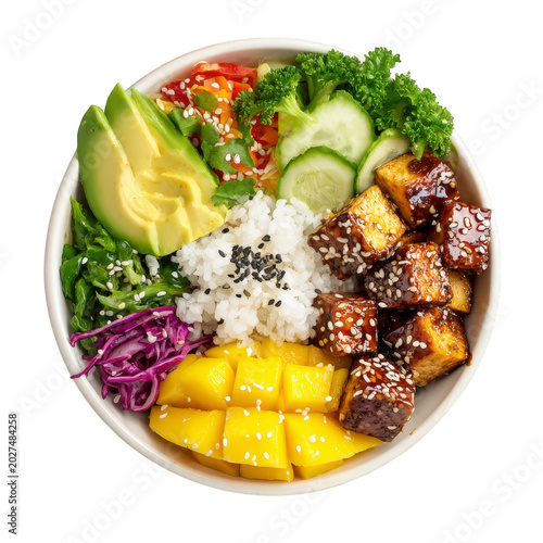 Vegan poke bowl with tofu, avocado, mango and rice