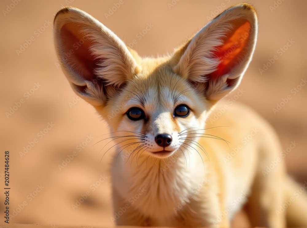 Naklejka premium Close up portrait of a fennec fox (Vulpes zerda), small canine with huge ears and large dark eyes on blurred sand background, exotic desert wildlife concept
