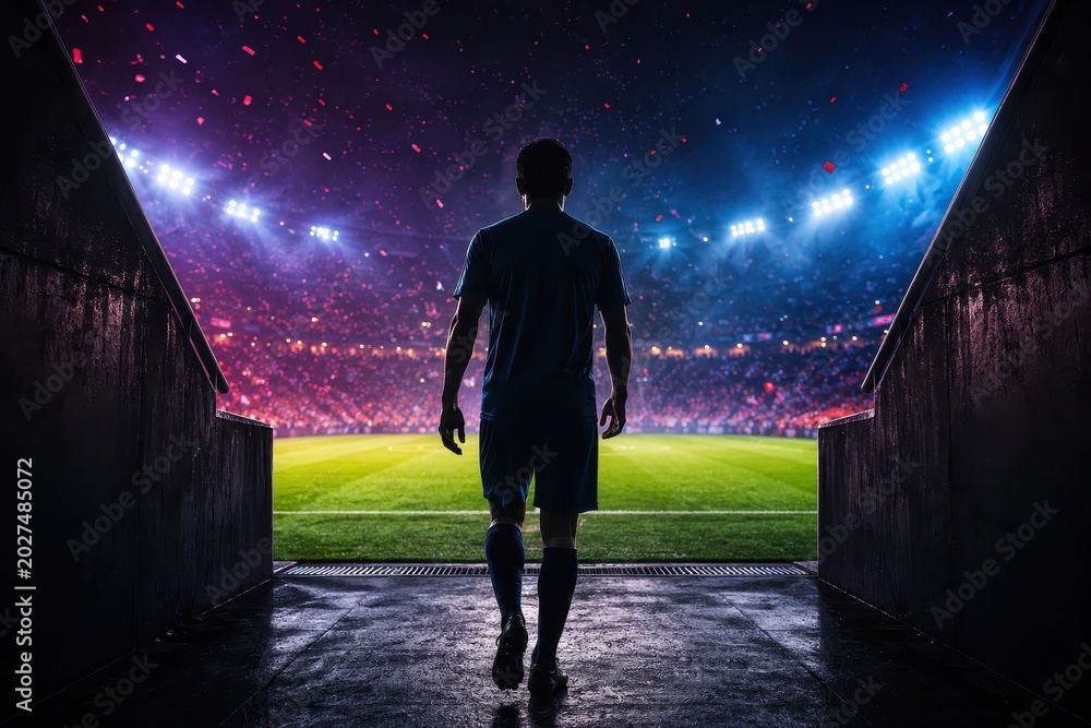 Obraz premium Soccer player walking from tunnel to field during match. Professional athlete entering stadium for game. Sports competition and championship atmosphere with bright evening arena lights