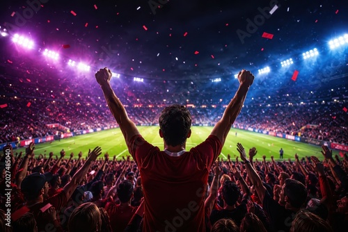 Man fan with hands raised cheering at soccer stadium during night match. Excited football supporter celebrating goal with crowd in illuminated arena. Sports victory and emotion concept
