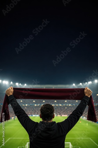 Man fan holding soccer scarf high at night stadium. Supporter cheering for football team during championship match. Sports fan celebrating victory in arena with floodlight illumination