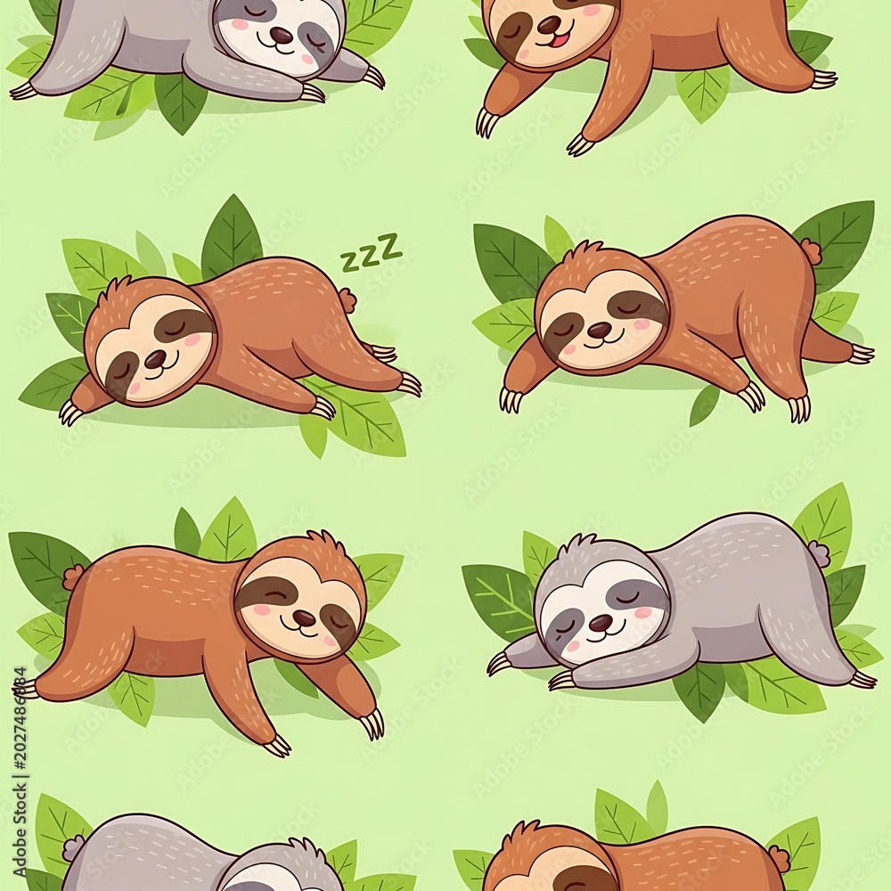 Fototapeta premium Cute Cartoon Sloth Sleeping on Green Leaf Pattern Background