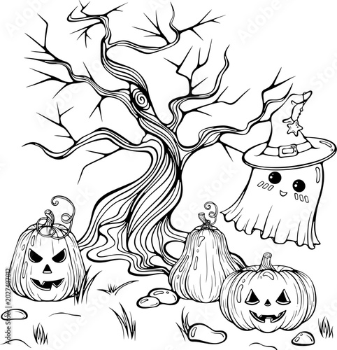 Halloween composition with twisted tree, kawaii ghost in hat and Jack o lantern pumpkins. For scary decor, coloring book. Vector illustration in hand drawn doodle style. Line art isolated on white