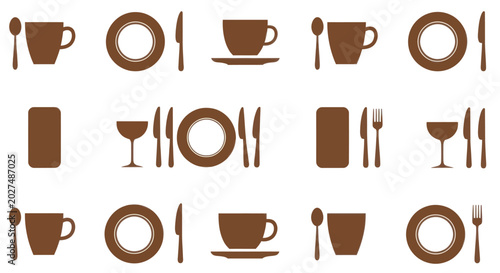 Bild auf Leinwand Brown Tableware Icons Seamless Pattern on White Background