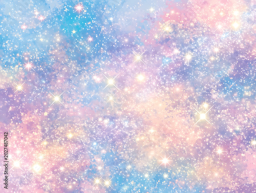 Plakat パステルカラーの宇宙にキラキラ輝く星屑と天の川の幻想的な背景素材