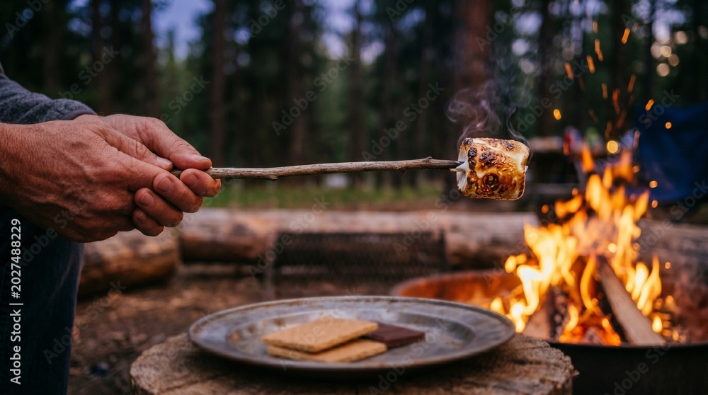 Fototapeta premium Man roasting marshmallow over campfire while surrounded by forest - Summer Vacation concept