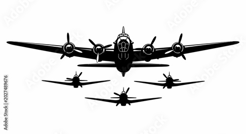 World war ii bomber aircraft formation with fighter planes black and white silhouette high quality professional detailed modern elegant stylish clean crisp vibrant colorful