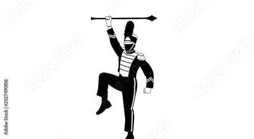 Quadro su tela Drum major in uniform raising baton black and white silhouette against a white b