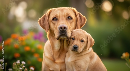 Labrador retriever (Canis lupus familiaris), affectionate pose between a honey colored adult mother dog and her small blonde puppy in a blooming garden