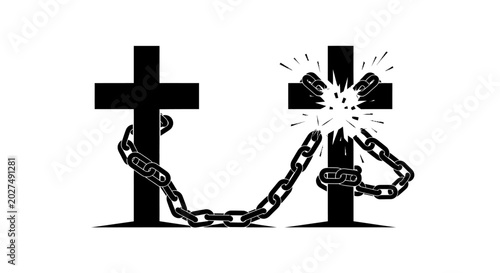 Tableau sur toile Black christian cross with broken chain links religious freedom concept dramatic