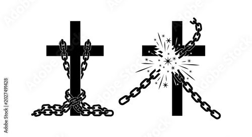 Photos Christian cross with chain breaking free concept in black silhouette high qualit