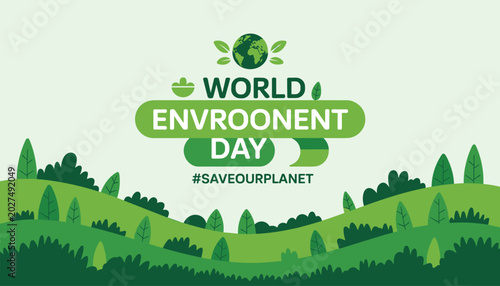 Bild auf Leinwand World environment day illustration save our planet with green landscape and glob