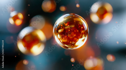 Floating golden metallic spheres with glossy reflections and soft bokeh, abstract luxury background concept