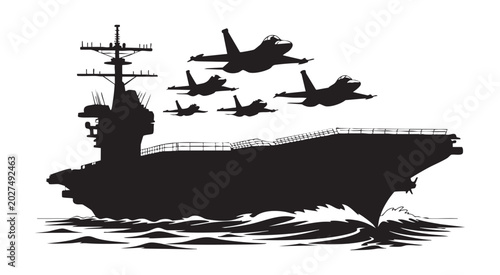 Canvastavla Military aircraft carrier silhouette with fighter jets flying above on transparent background