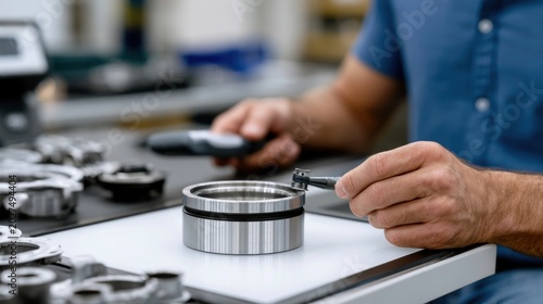 Technician measuring precision automotive component with caliper in workshop, surrounded by various mechanical parts and tools on a workbench