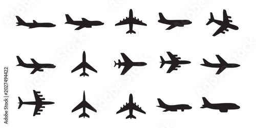 Various airplane silhouettes in profile and top view showing multiple flight angles and jet models.