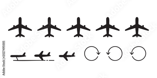 Photos Set of five airplanes in top view and three airplanes with takeoff and landing movement