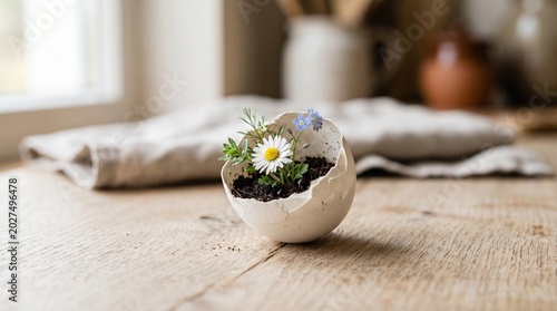 A tiny white daisy blooms from a single cracked eggshell, symbolizing new life and springtime growth on a rustic wooden surface