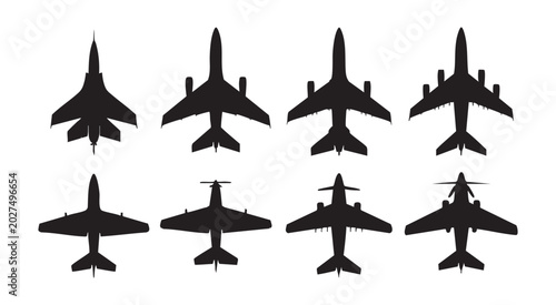 Foto Set of black aircraft silhouettes isolated on transparent background for your creative design work