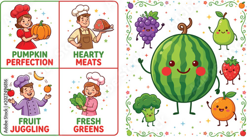 Tableau sur toile Cute Cartoon Chef Characters with Pumpkin, Meat, Fruit, and Greens Plus Kawaii W
