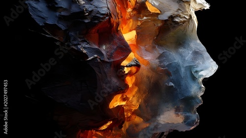 Split personality concept with contrasting emotions fiery passion versus calmness abstract human face