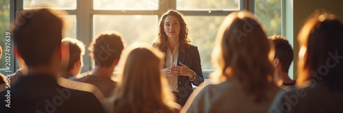 Engaging public speaking session with woman presenter addressing audience in bright room. Public speaking event fosters communication skills and confidence among participants.