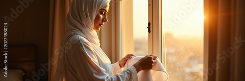 Woman in hijab looking out window during sunset with soft light illuminating her face. Woman gazes thoughtfully at cityscape,