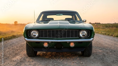 Classic Green Muscle Car with Front View on Rural Gravel Road at Sunset