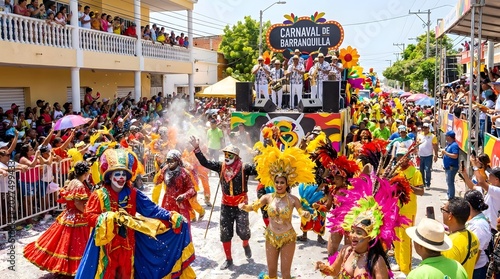 Colorful street parade with dancers musicians and vibrant costumes during carnival in Barranquilla