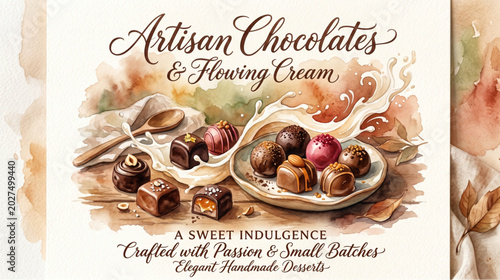 Artisan chocolates and flowing cream in watercolor style with small batch