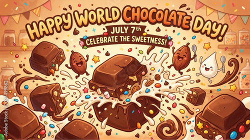 Happy world chocolate day with flying chocolate pieces and sprinkles, chocolate