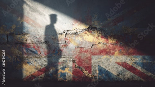 Soldier shadow walking on a decayed wall with Union Jack flag texture, reflecting conflict and history
