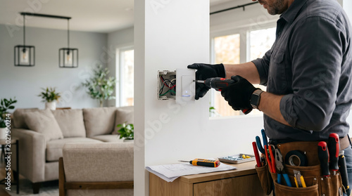 Professional male electrician installing a smart modern light switch plate on a wall using a cordless drill driver tool in a residential apartment living room renovation