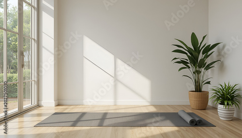 Yoga mat lies on the wooden floor of a sunlit room featuring indoor potted plants near a large window to provide a serene space for morning stretching and relaxation routines at home.